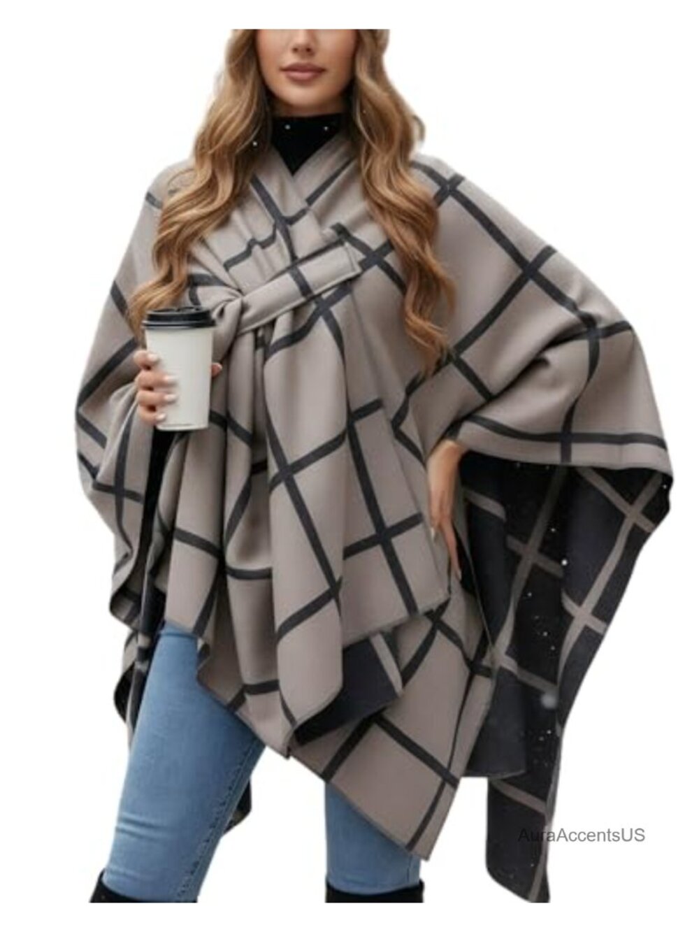 Reversible Plaid Shawl Wrap Open Front Ruana Poncho Polyester Rayon
